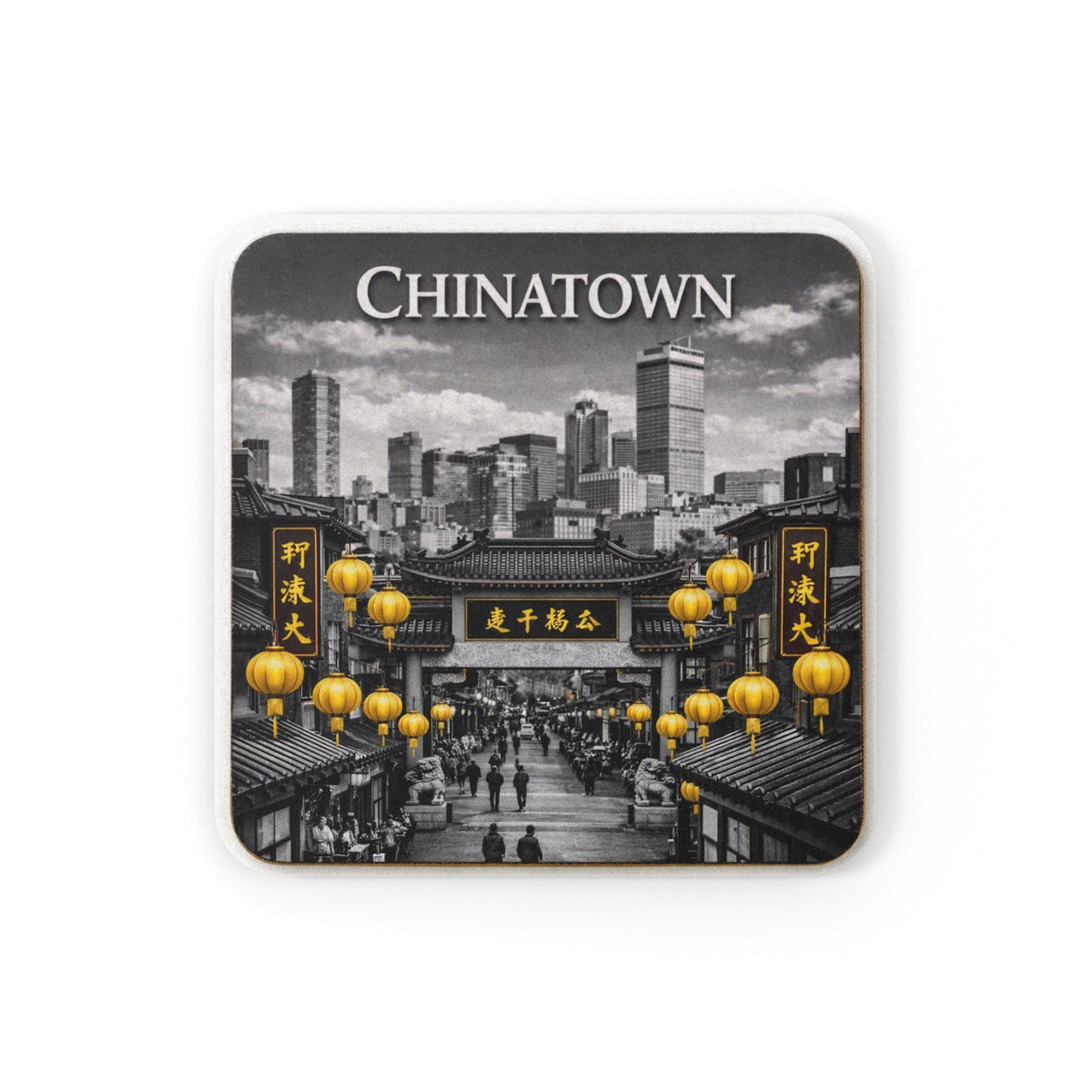 Chinatown Skyline Cork-Back Coaster — Vintage Black & Gold Lantern Design