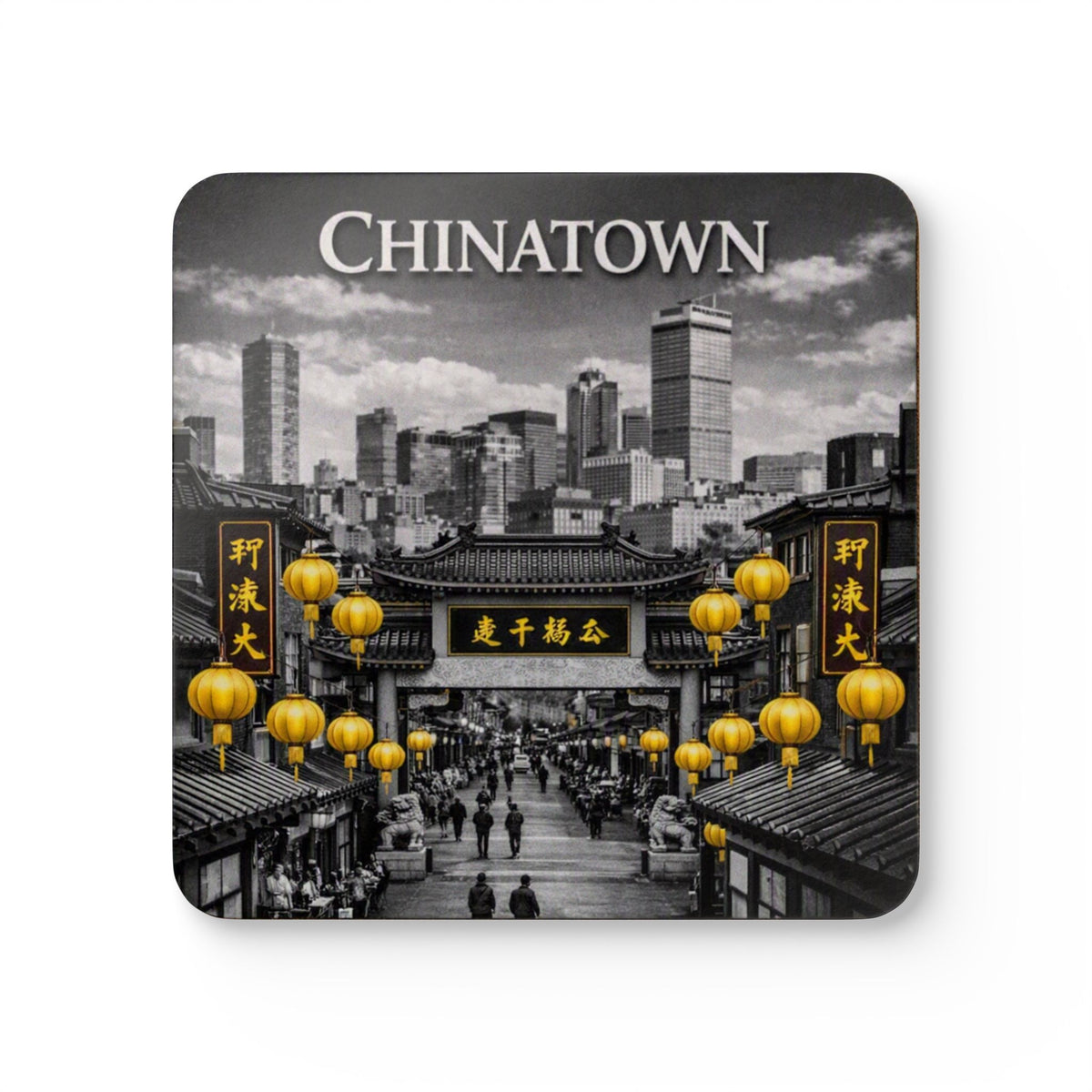 Chinatown Skyline Cork-Back Coaster — Vintage Black & Gold Lantern Design