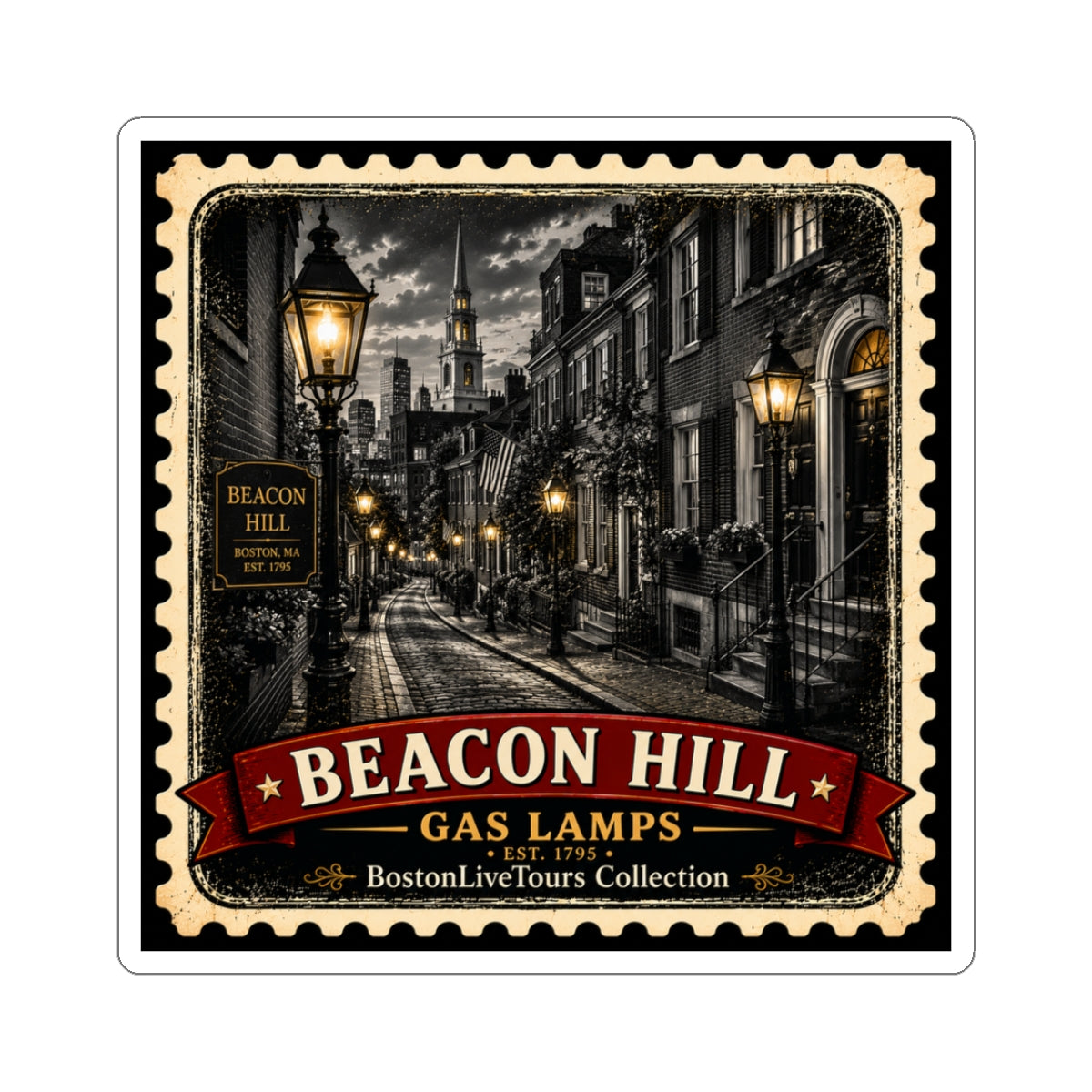 Beacon Hill Sticker — Vintage Boston Landmark Kiss-Cut Sticker