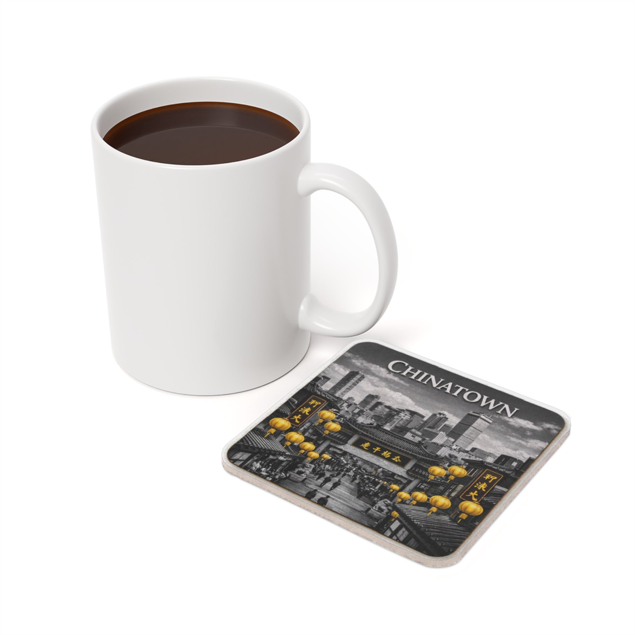Chinatown Skyline Cork-Back Coaster — Vintage Black & Gold Lantern Design