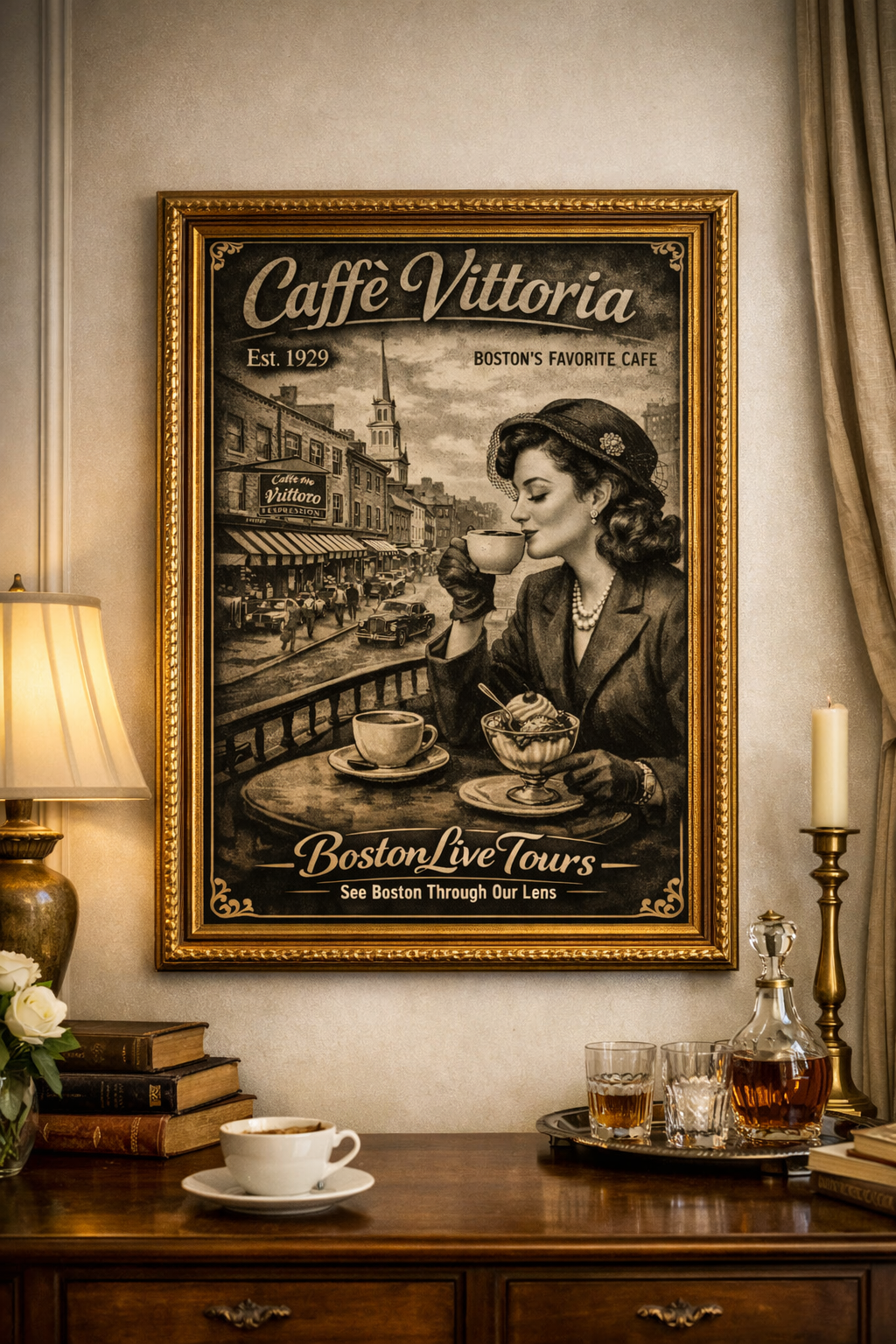 North End, Boston Caffee Vittoria– 12×18 Matte Poster – Historic Wall Art”