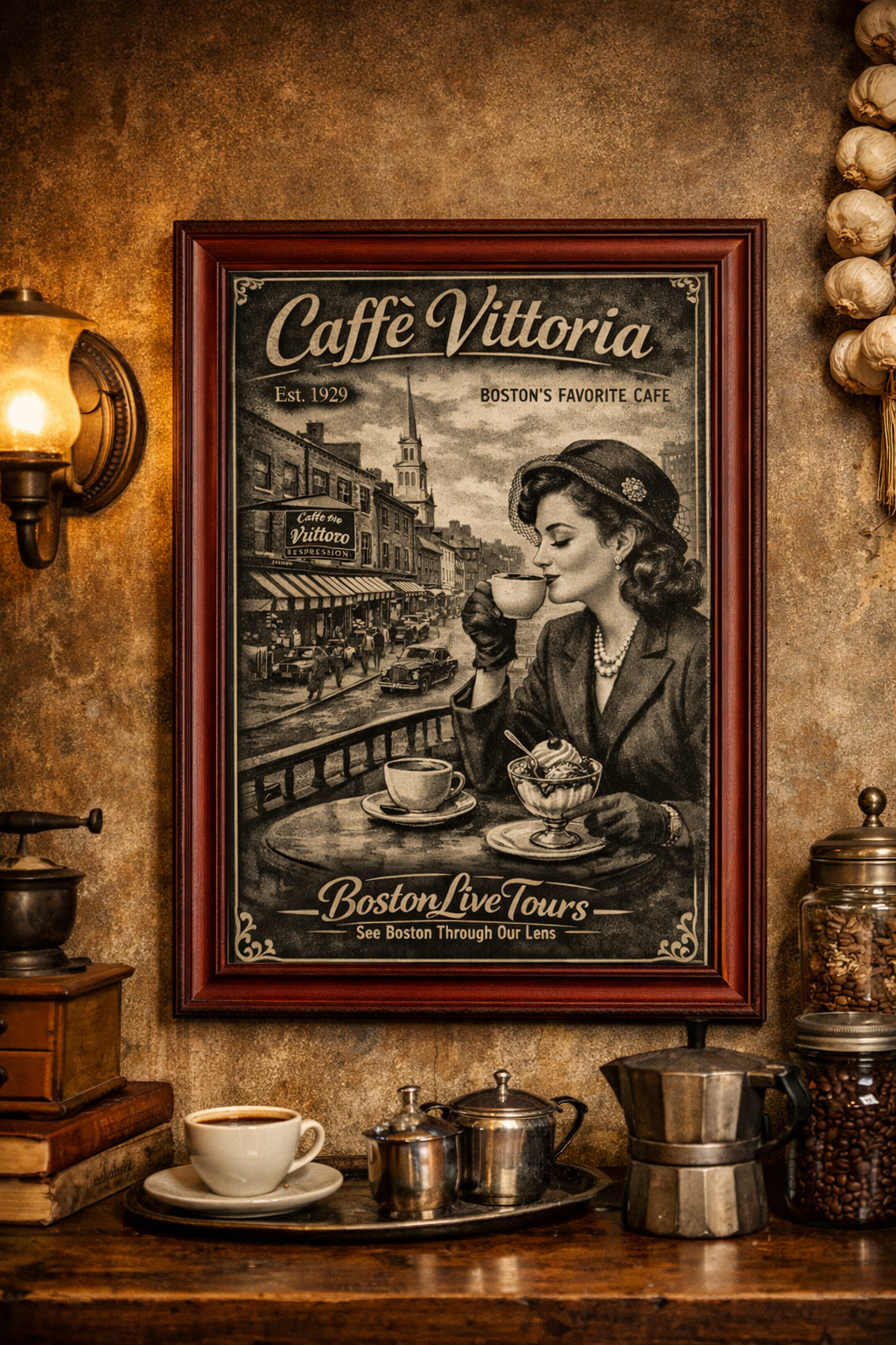 North End, Boston Caffee Vittoria– 12×18 Matte Poster – Historic Wall Art”