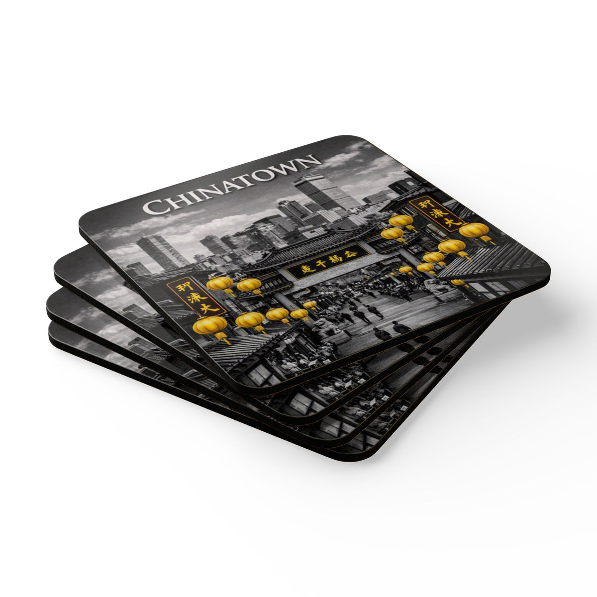 Chinatown Skyline Cork-Back Coaster — Vintage Black & Gold Lantern Design