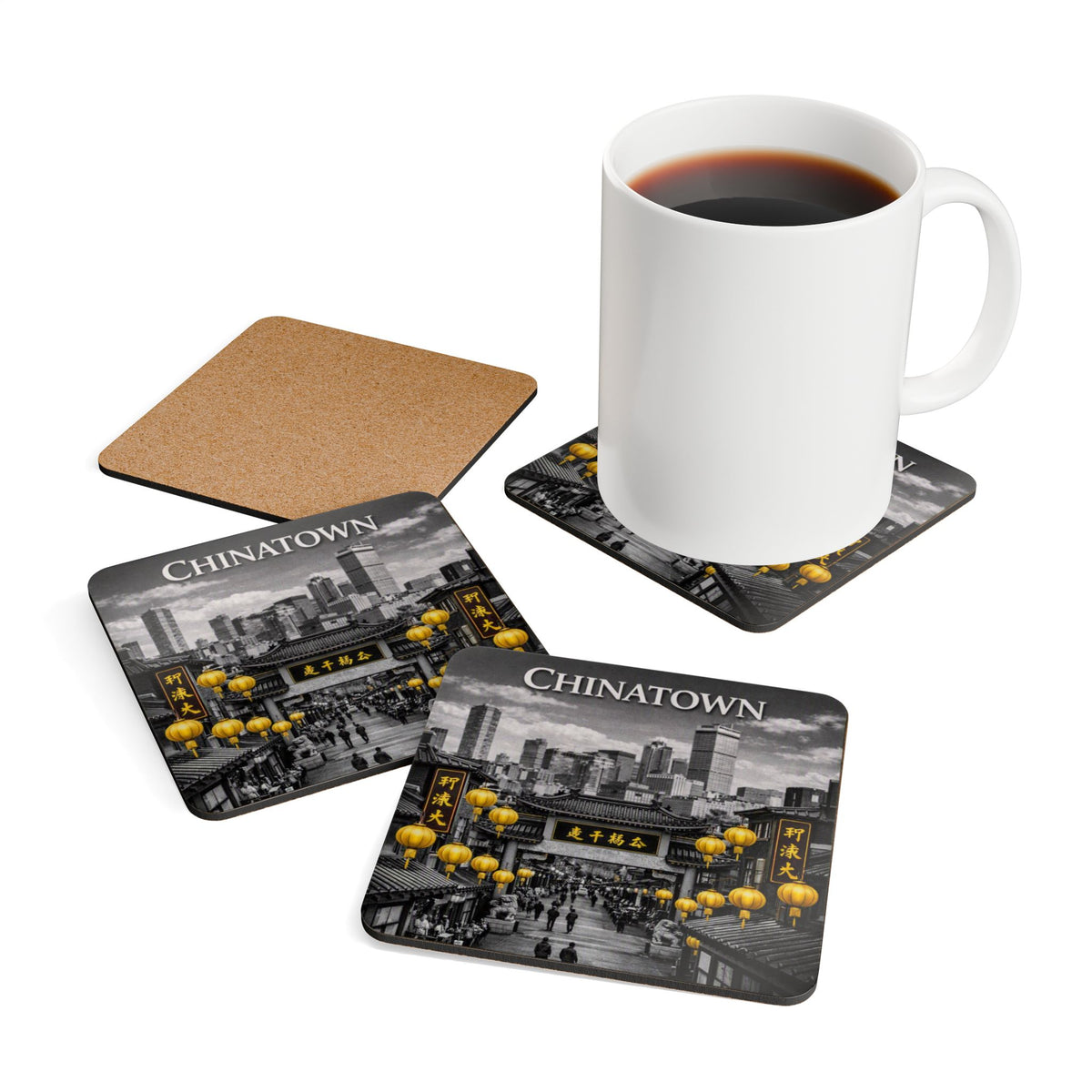 Chinatown Skyline Cork-Back Coaster — Vintage Black & Gold Lantern Design