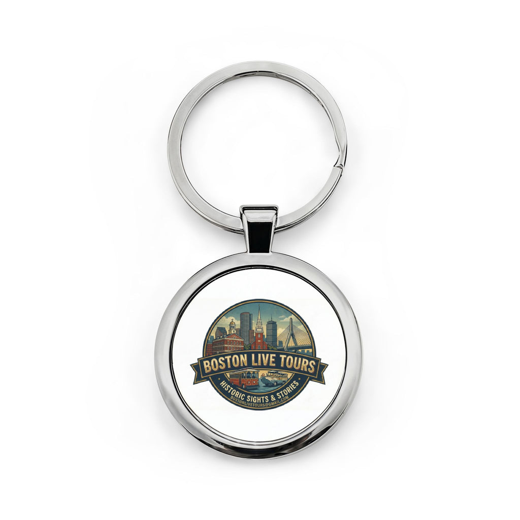 Boston Live Tours Round Stainless Steel Keychain — Vintage Cityscape Souvenir